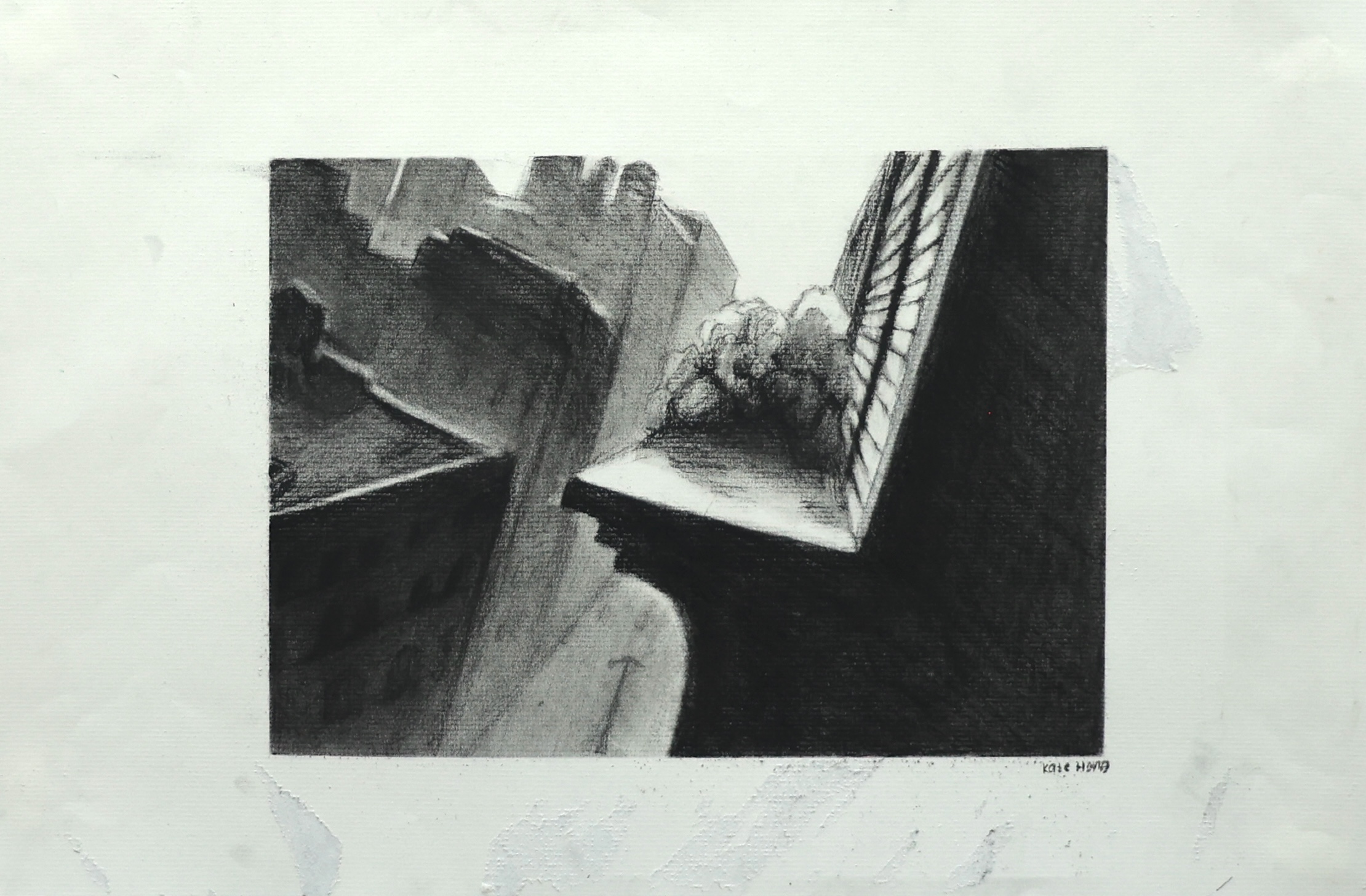 Charcoal architectural sketch with strong shadows
